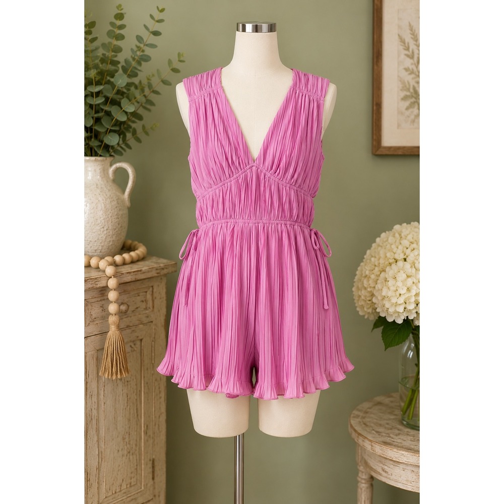 Endless Rose Pleated V-Neck Romper Pink Sleeveless Ruffle Hem Small